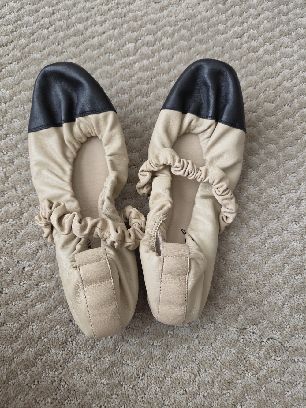 Free People Madeline Two-Tone Ruched Ballet Flats in Beige and Black, worn once!